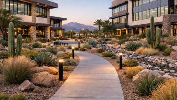 commercial landscaping liability reduction with professional maintenance and LED lighting