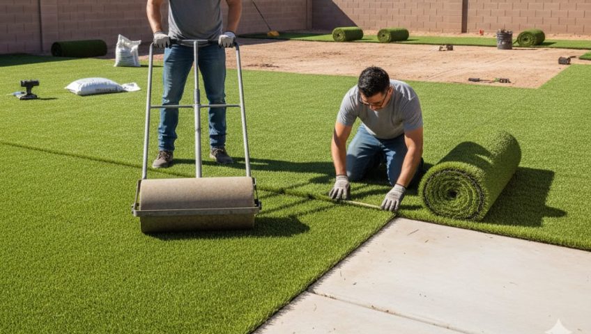 photo shows installation of artificial turf in at a home in Las Vegas by 2 landscape technicians