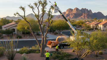 Professional tree pruning in a Las Vegas desert landscape during winter