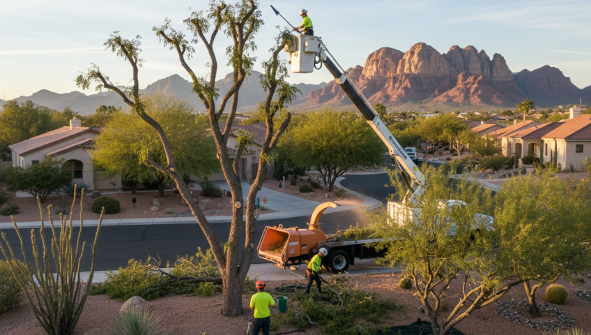Professional tree pruning in a Las Vegas desert landscape during winter