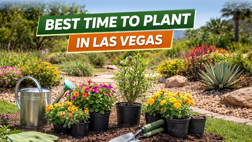 Best time to plant Las Vegas spring landscape with flowers and garden tools