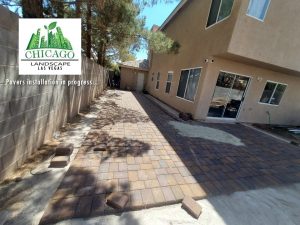 This photo shows pavers being installed in a Las Vegas residence backyard.