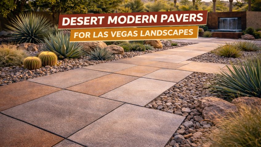 Desert modern pavers Las Vegas walkway with large format stone and gravel joints