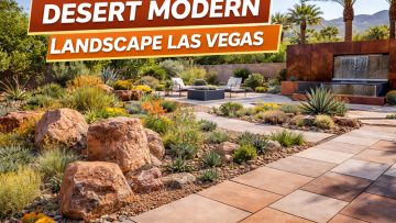 Desert Modern landscape Las Vegas with large pavers, boulders, and agave plants