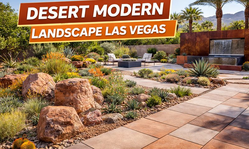 Desert Modern landscape Las Vegas with large pavers, boulders, and agave plants