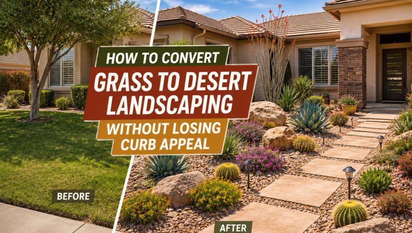 Grass to desert landscaping Las Vegas before and after front yard transformation