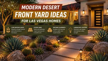 Modern desert front yard Las Vegas design with pavers, agave, and landscape lighting