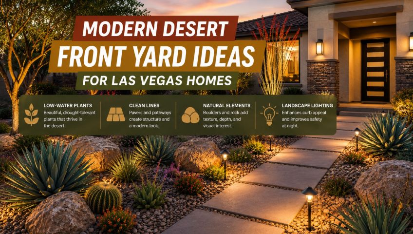 Modern desert front yard Las Vegas design with pavers, agave, and landscape lighting