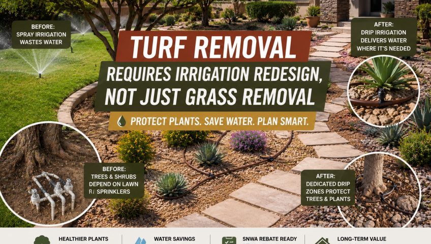 Turf removal irrigation redesign in a Las Vegas desert landscape with drip irrigation