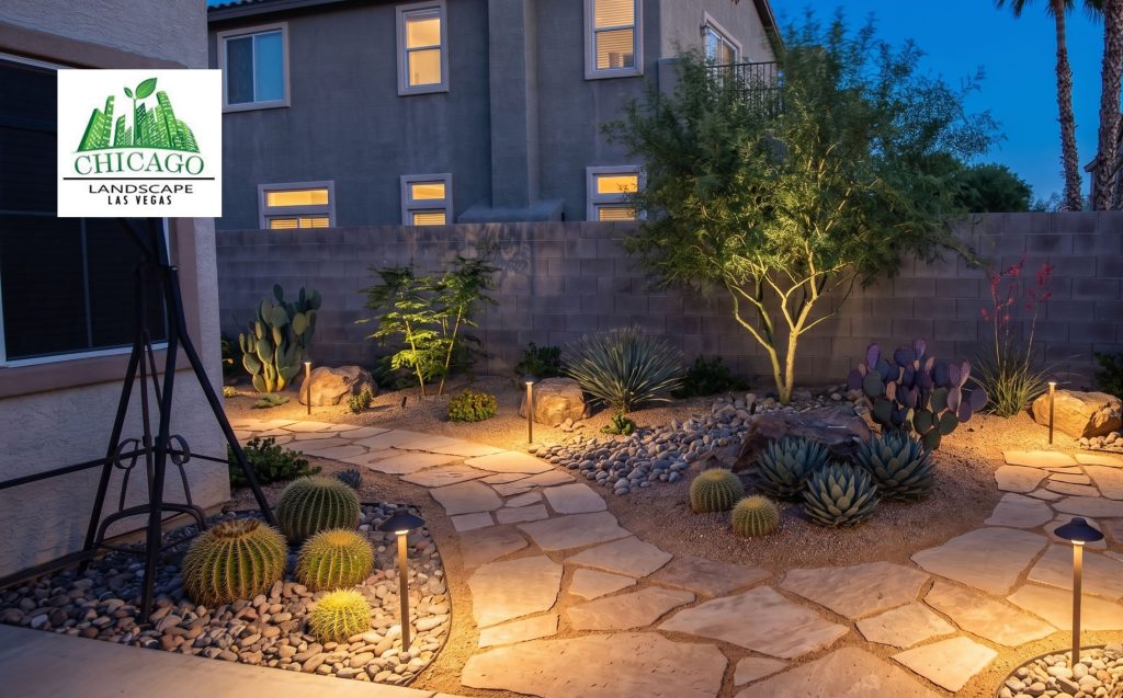 Custom natural slate walkway installation Las Vegas backyard