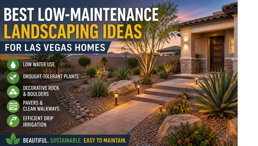 Low-maintenance landscaping Las Vegas home with desert plants, rock, and pavers
