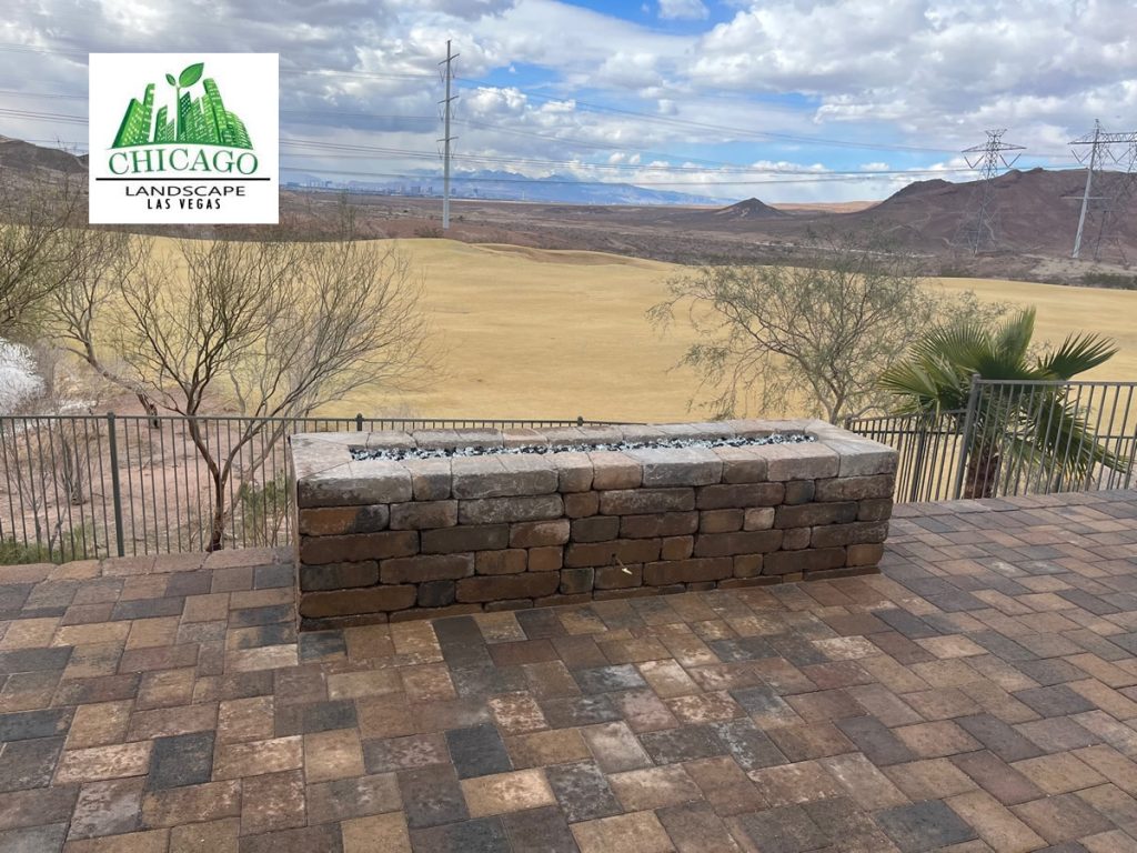 Custom natural gas fire feature with fire glass for a Lake Las Vegas pool deck extension
