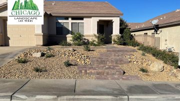 Completed front yard desert landscape conversion in Henderson featuring a custom paver walkway, multi-level steps, and water-smart plants in Anthem.