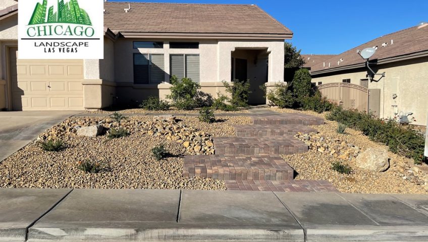 Completed front yard desert landscape conversion in Henderson featuring a custom paver walkway, multi-level steps, and water-smart plants in Anthem.