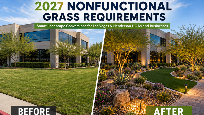 Commercial landscape conversion replacing nonfunctional grass with water-efficient desert landscaping in Las Vegas.