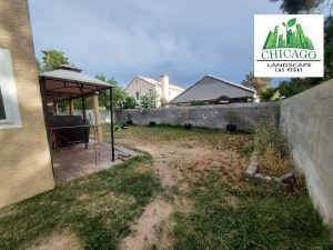 Before photos of a Las Vegas yard redesign showing dead grass and weeds.