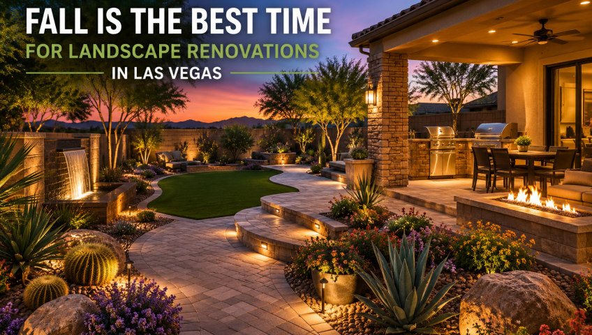 Fall landscape renovation in Las Vegas featuring a professionally designed outdoor living space with pavers, desert plants, landscape lighting, and modern hardscape elements.
