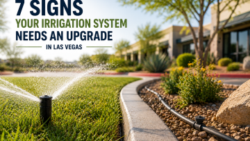 Commercial irrigation upgrade in Las Vegas showing a sprinkler system watering turf alongside a water-efficient drip irrigation landscape.