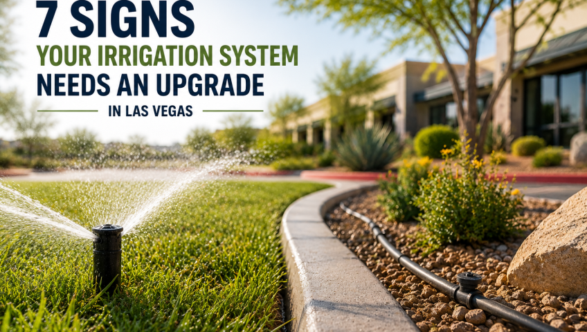 Commercial irrigation upgrade in Las Vegas showing a sprinkler system watering turf alongside a water-efficient drip irrigation landscape.