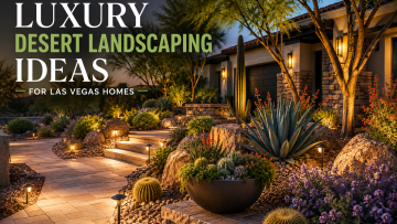 Luxury desert landscaping in Las Vegas featuring decorative boulders, desert plants, paver walkways, outdoor lighting, and a modern residential landscape design.