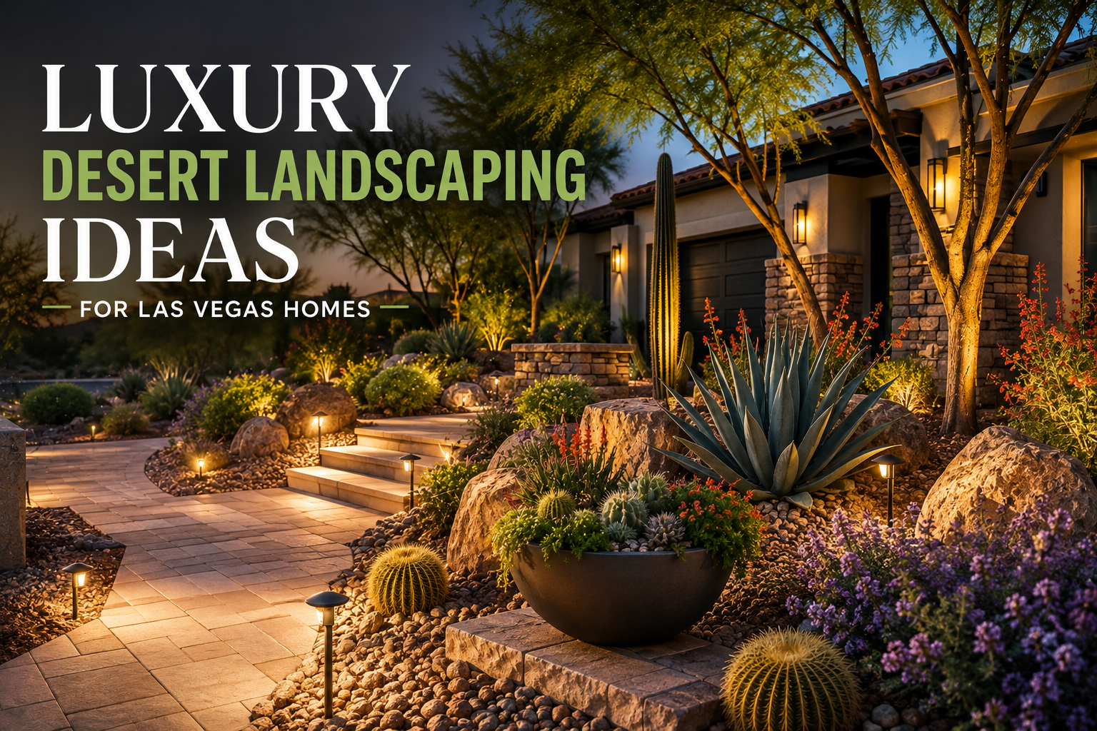 Luxury desert landscaping in Las Vegas with decorative boulders, desert plants, paver walkways and outdoor lighting