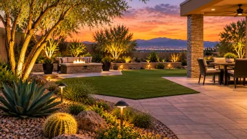 Landscape lighting Las Vegas backyard with illuminated pathways, desert trees, patio seating, fire feature, and warm low-voltage outdoor lighting.
