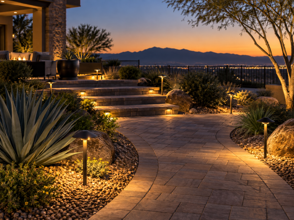 Landscape lighting in Las Vegas illuminating a paver walkway and steps with warm low-voltage path and step lights in a desert backyard.