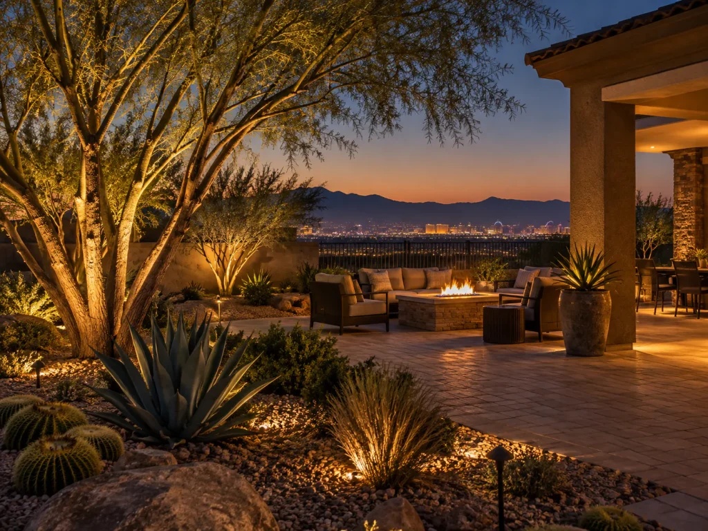 Landscape lighting in Las Vegas with warm tree uplighting, desert plants, patio seating, and a fire feature in a residential backyard at dusk.