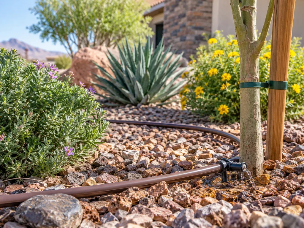Drip irrigation watering desert plants and a young tree in a Las Vegas residential landscape with decorative rock.