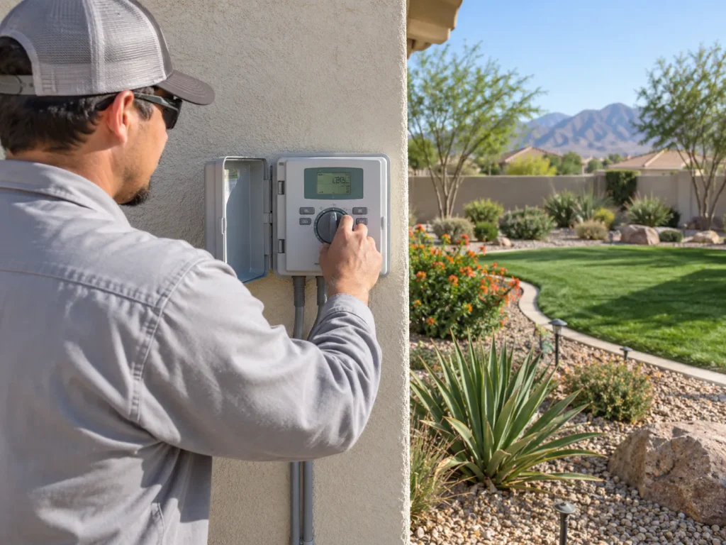 Technician adjusting an irrigation controller for the Las Vegas fall watering schedule in a Southern Nevada residential landscape.
