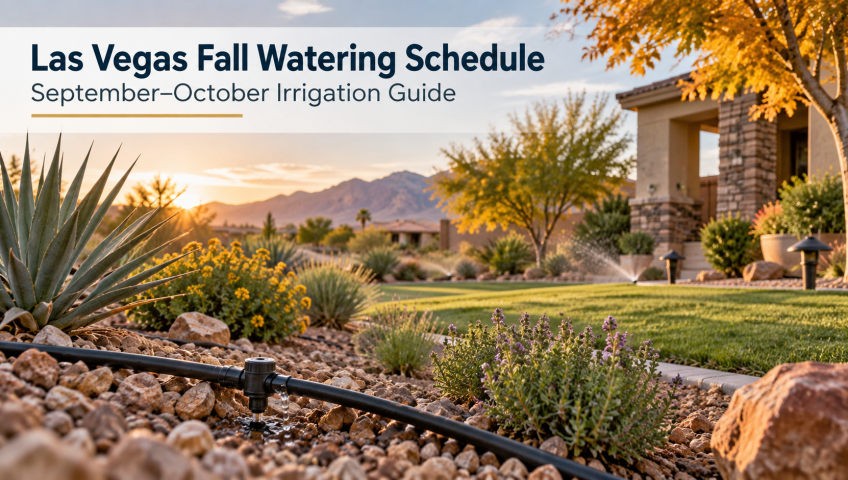 Las Vegas fall watering schedule featured image showing drip irrigation, desert landscaping, and efficient lawn watering in a Southern Nevada residential landscape.