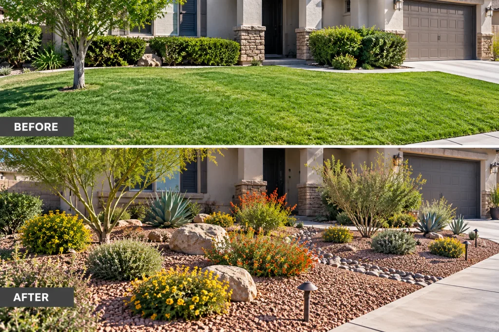 Before-and-after Las Vegas grass removal rebate conversion showing lawn replaced with water-efficient desert landscaping.
