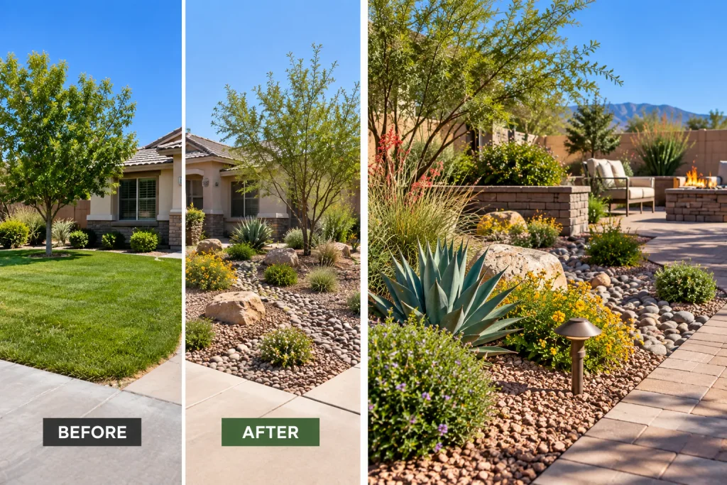 Drip irrigation serving drought-tolerant plants in a Las Vegas Water Smart landscape conversion.