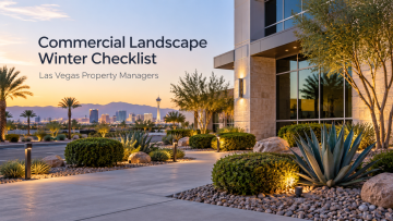 Commercial landscape winter checklist for a professionally maintained Las Vegas office property with desert plants, walkways and landscape lighting.