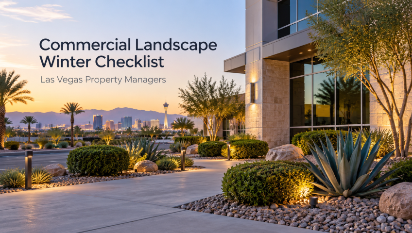 Commercial landscape winter checklist for a professionally maintained Las Vegas office property with desert plants, walkways and landscape lighting.