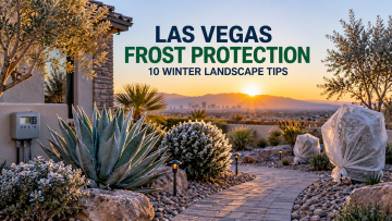 Las Vegas frost protection with covered desert plants, frost-touched landscaping, irrigation controller and winter landscape lighting.
