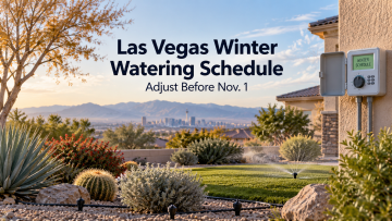 Las Vegas winter watering schedule with irrigation controller, sprinklers, drip irrigation and desert landscaping.
