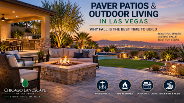 Luxury Las Vegas backyard with paver patio, fire feature, outdoor kitchen, desert landscaping and evening landscape lighting.